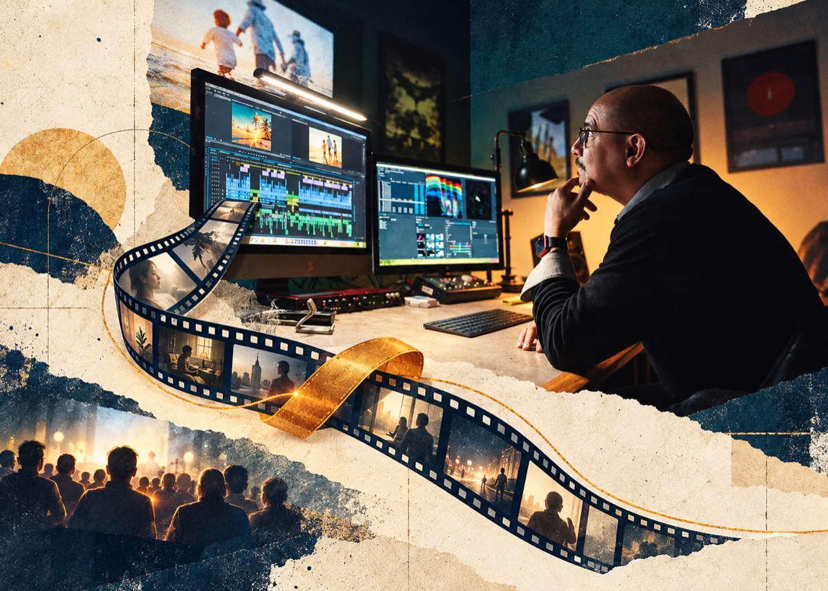 Man in glasses studying footage at a video edit suite, framed by a film-strip collage